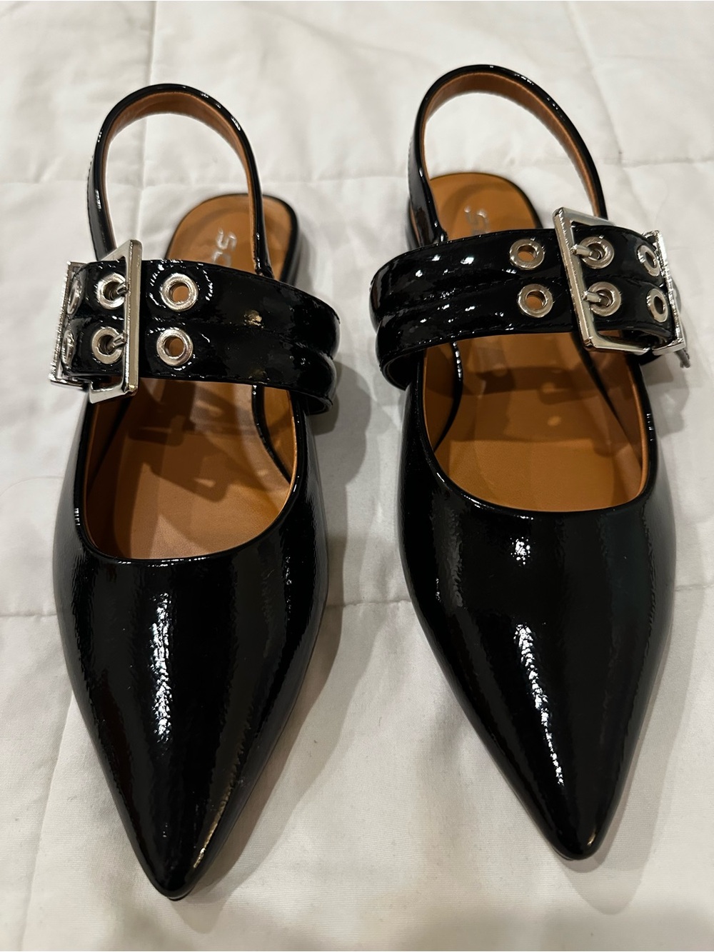 Soda Patent Black Pointed Slingback Flats with Buckle Strap